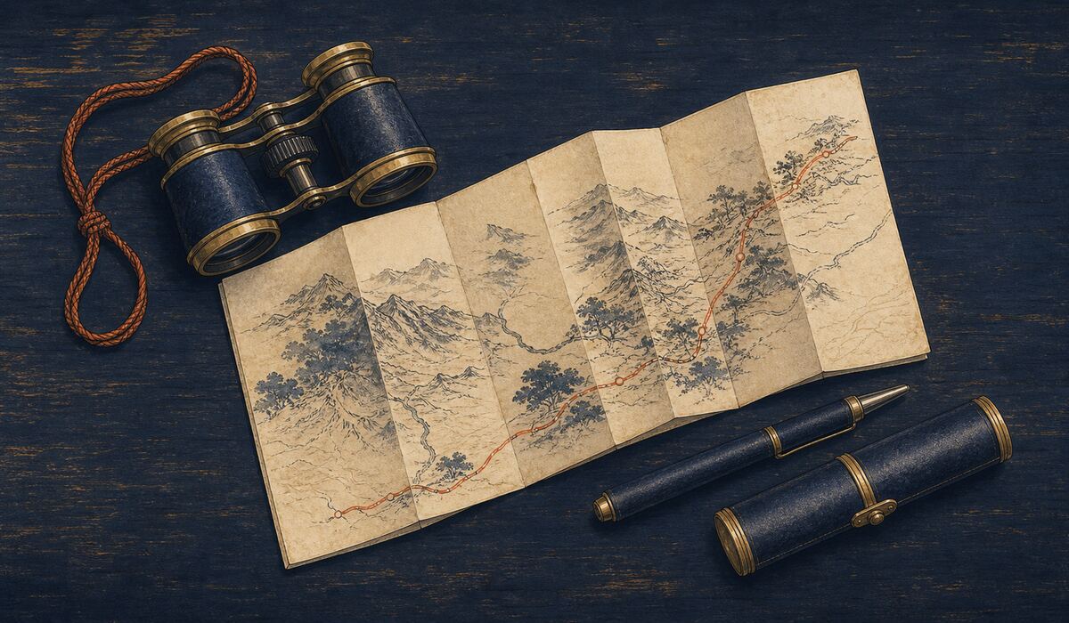 道中図をひらいた机の上に、双眼鏡とペンライトケースが置かれている様子のイラスト